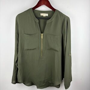 Michael Kors Women’s Shirt Blouse M Olive Green 1/4 Zip Classic Business Dressy